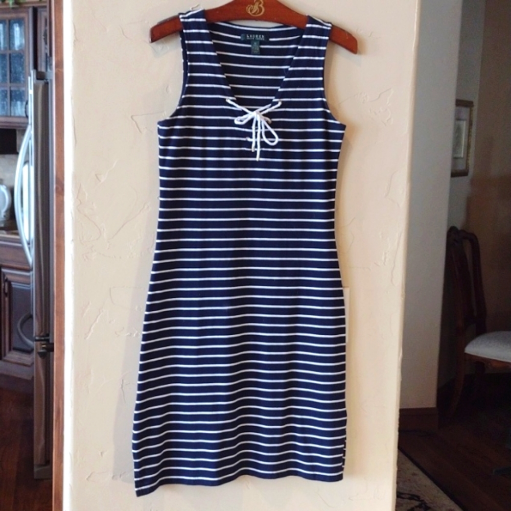 LRL Navy White Striped Sleeveless Dress